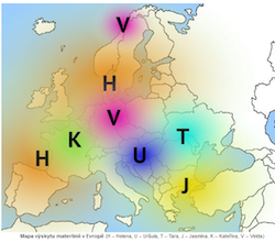 Mapa výskytu materlinií v Evropě (H – Helena, U – Uršula, T – Tara, J – Jasmína, K – Kateřina, V – Velda)
